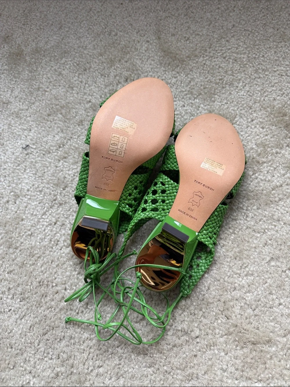 Tory Burch Bright Green Woven Lace-Up Heels